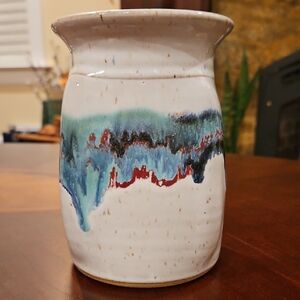 Signed Artisan Speckled Cream Ceramic Vase with Blue, Green & Red Drip Glaze